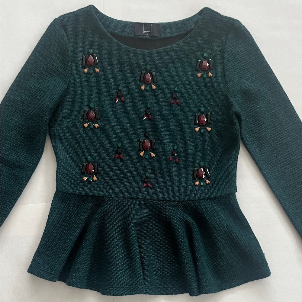 Anthropologie Woman’s medium Forest Green Blouse peplum top anthro shirt beaded